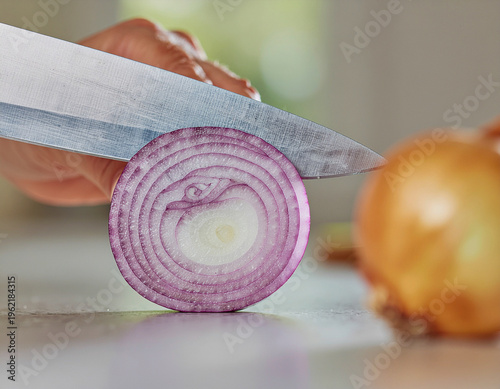 High-Resolution Culinary Macro of Hands Chopping Fresh Onion on Kitchen Counter