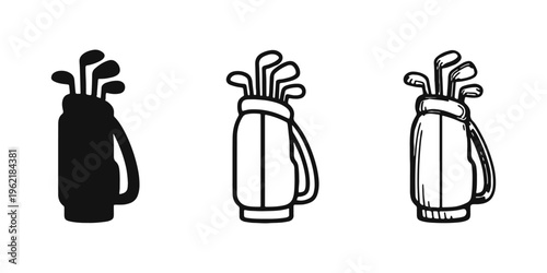 Golf Bag with Clubs Icon Set. Sport equipment and golfing gear symbol, leisure activity vector illustration.