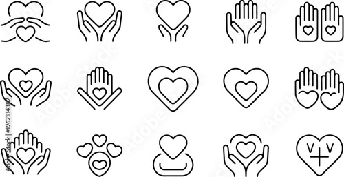Charity and Donation Premium Icons Pack — Volunteering, Compassion, Philanthropy Contribution, Sponsorship, Social Support, Community Care Line Symbols — Vector Outline Set for Web, App and Infographi