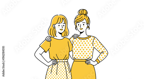 Minimalist line art of two women friends, yellow flat vector illustration, female friendship and sisterhood
