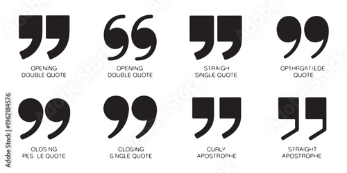Types of punctuation marks guide showing opening double quotes straight single quotes and curly apostrophes.