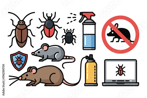 Pest control objects vector illustration set of extermination tools and insects icons and symbols.
