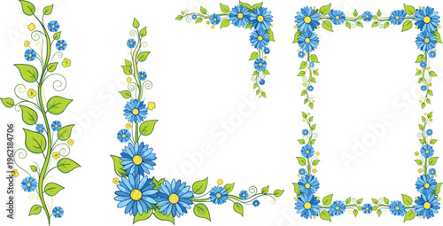 Obraz na plátně Hand-Drawn Blue Floral Frames and Vines with Yellow Accents and Green Leaves for