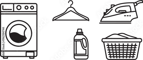 Laundry icons, washing machine, iron, detergent bottle, hanger, basket, laundry symbols