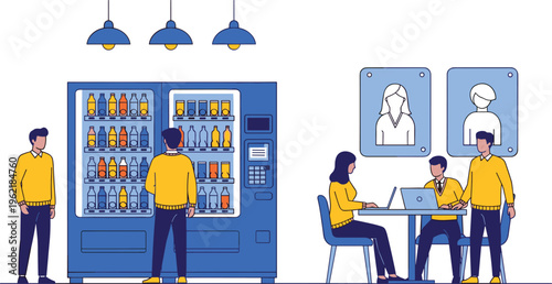 Modern, flat, design, office, break, room, illustration, with, employees, vending, machine, blue, furniture, yellow, sweaters, laptop, and, minimalist, workplace, interior.