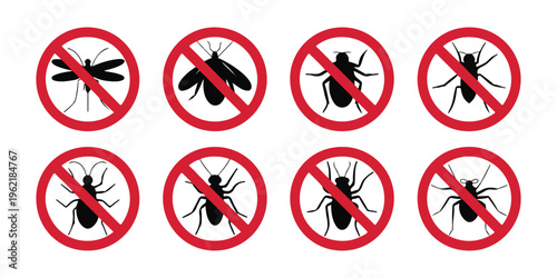 Prohibition signs for insects vector set no bugs allowed icons isolated on white background.