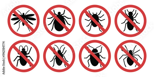 No insect signs vector collection set of prohibition symbols for various pests isolated on white.