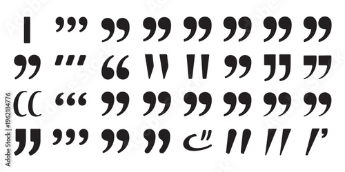 Comprehensive collection of various typographic quote marks and decorative punctuation symbols in black color.