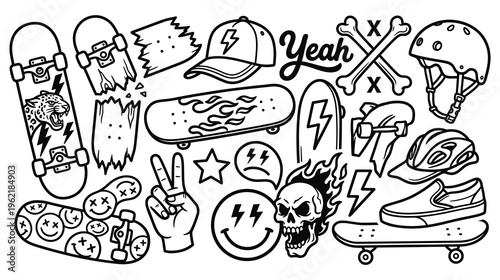 Skateboard and youth culture elements in black and white outline.