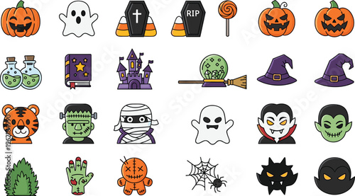 Halloween Icon Set with Cartoon Spooky Elements Including Pumpkin Ghost Vampire Mummy Witch Hat Haunted Castle Magic Potion Voodoo Doll and Spider Web Illustration