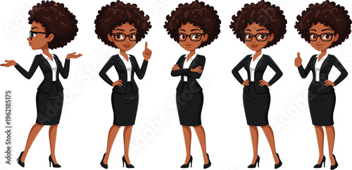 Black Businesswoman Character Set with Afro Hair Wearing Suit and Glasses in Various Poses Including Thinking, Giving Thumbs Up, and Pointing Up