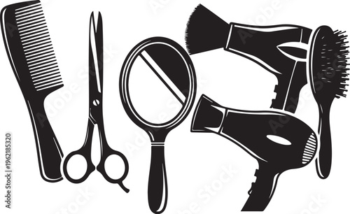 Black and white hairdressing tools, salon equipment icons, vector hair styling accessories, beauty instruments set