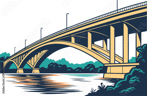 Modern Highway Bridge Infrastructure Scene. Long Highway Bridge Road Landscape. Urban Highway Bridge Transport View. Concrete Highway Bridge Engineering Concept. Scenic Highway Bridge Over Water.