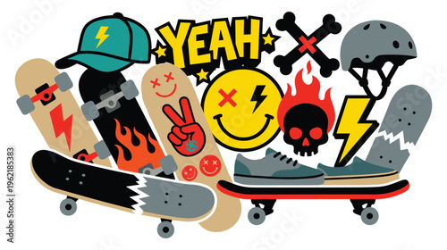 Skateboard culture elements with vibrant colors and dynamic layout.