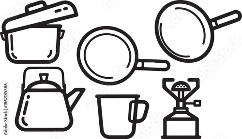Kitchen Utensils Icons, Cooking Pots and Pan, Coffee Maker, Vector Illustrations