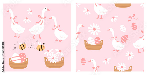 Cute goose easter egg floral seamless pattern pastel pink duck and basket spring background design.