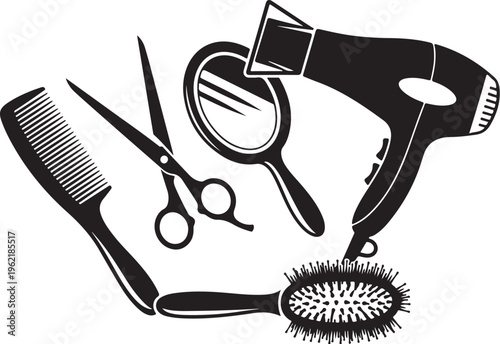 Black and white hairdressing tools, salon equipment icons, hair styling accessories, beauty instruments