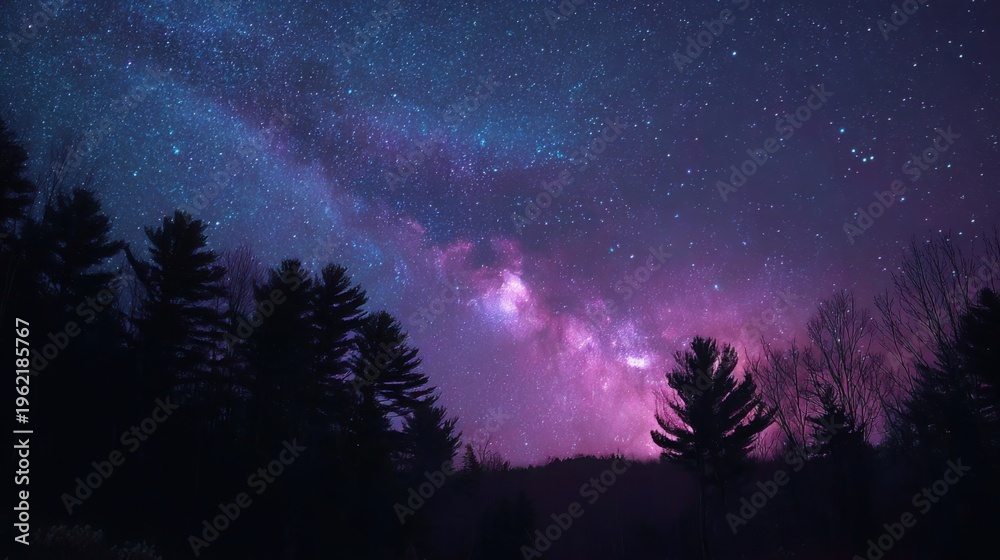 Fototapeta premium Vibrant Galaxy Milky Way Arching Over Dark Forest Silhouette Under Starry Night Sky