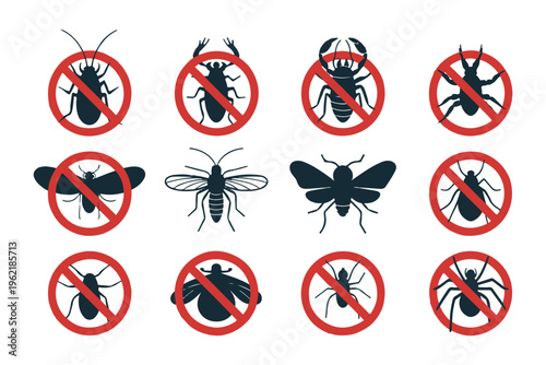 Pest control icons showing forbidden red circles over common household insects and spiders for hygiene use.