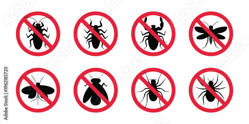 Forbidden insect signs with red prohibition symbols over various bugs and pests for sanitization services.
