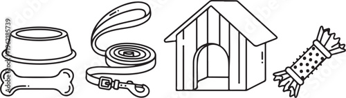 Dog accessories, pet icons, dog house, leash, bowl, bone, vector set