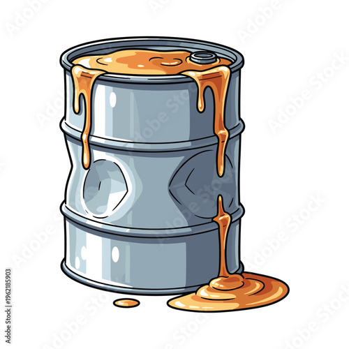 Vector illustration of damaged industrial barrel with spilled honey or oil on ground.