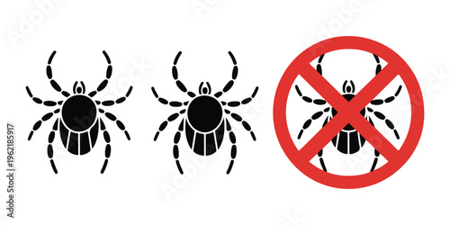 Tick parasite symbol set with two icons and one stop sign for pest control or health warnings.