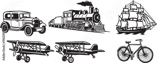 Vintage transportation icons, retro vehicles, antique cars, trains, ships, planes, bicycles