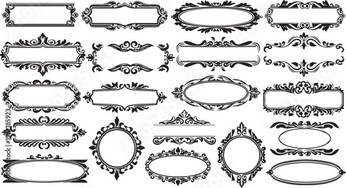 Ornate border frames, vintage labels, elegant floral designs, decorative elements, vector set