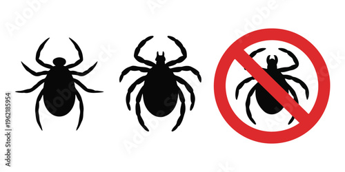 Tick parasite symbol set showing two icons and one stop sign for pest control or health warnings.