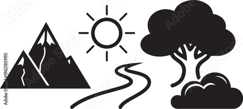 Nature icons, landscape symbols, mountain, tree, sun, road, black silhouette vector graphics
