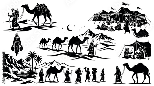 Desert caravan journey with camels and people in various scenes.