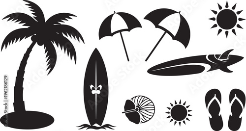Black beach icons, summer symbols, tropical vector set, 8 elements