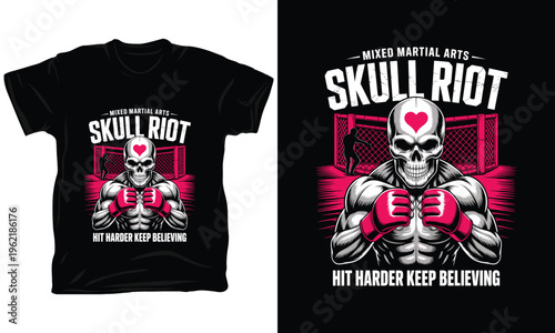 Mixed martial arts skull riot vector illustration muscle fighter boxing gloves.