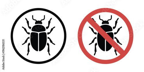 Bug icon set featuring beetles inside circular frames and prohibition signs representing pest control measures.