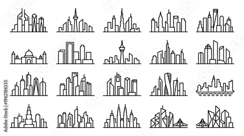 Extensive Collection of Diverse City Skylines and Urban Buildings on Isolated White Background