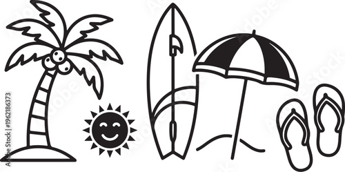 Beach icons, summer symbols, palm tree, surfboard, umbrella, flip flops, sun