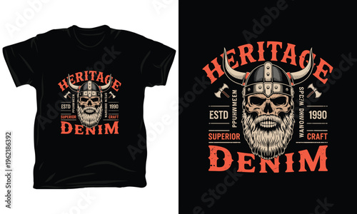 Heritage denim vector illustration with bearded viking skull for t-shirt and apparel.