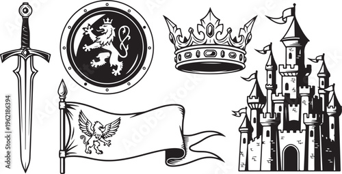 Medieval icons, royal crests, castle symbols, black and white vector illustrations