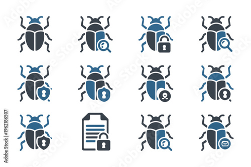 Data security beetle icons representing software debugging with locks magnifying glasses and protection shields.
