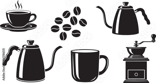 Coffee icons, black and white, vector set, 6 elements, coffee shop illustrations
