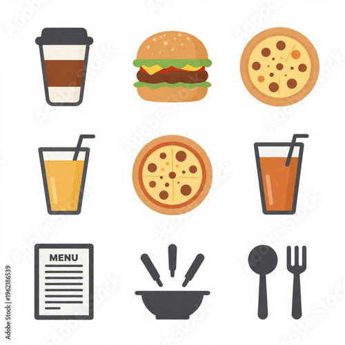 Fast food and restaurant icon set, flat vector illustration of burger, pizza, coffee and menu