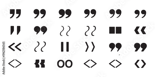 Variety of quote marks, directional arrows, and abstract symbols, vector graphics for creative designs.