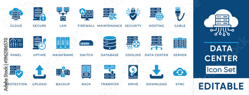 Data center and cloud computing solid icon set. Includes symbols for Firewall, Mainframe, Database, and Hosting. Vector icons for network infrastructure.