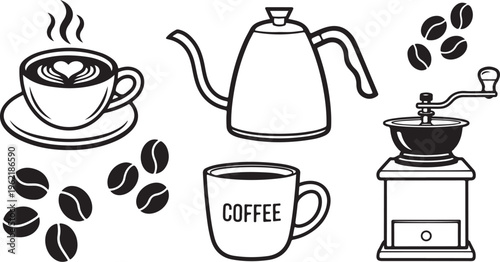 Coffee icons, coffee cup, coffee beans, coffee maker, kettle, vector graphics