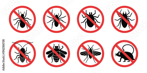 Extermination service icons set showing various banned pests like spiders ticks flies mosquitoes and rodents.