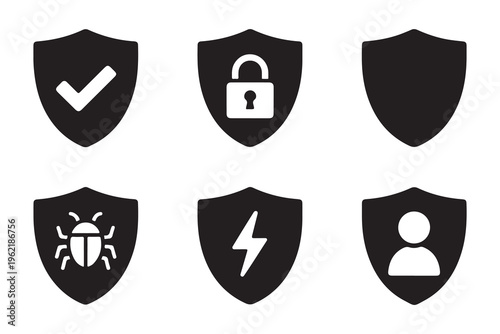 Set of six black shield icons representing security, protection, and different types of digital safety.