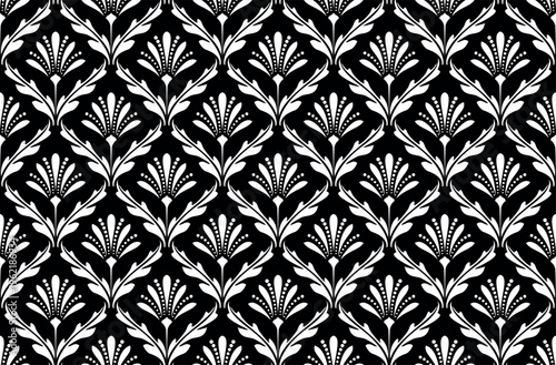 Wallpaper in the style of Baroque. White and black floral ornament. Seamless vector background. Graphic pattern for fabric, wallpaper, packaging. Ornate Damask flower illustration.