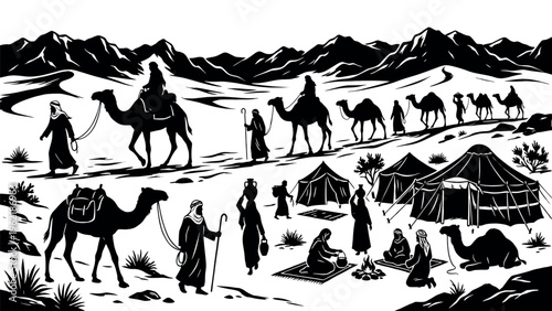 Desert caravan journey with people and camels in a vast arid landscape.