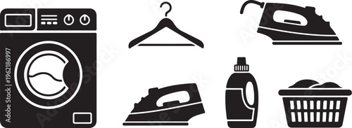 Laundry icons, washing machine, iron, detergent, hanger, basket, black and white vector set